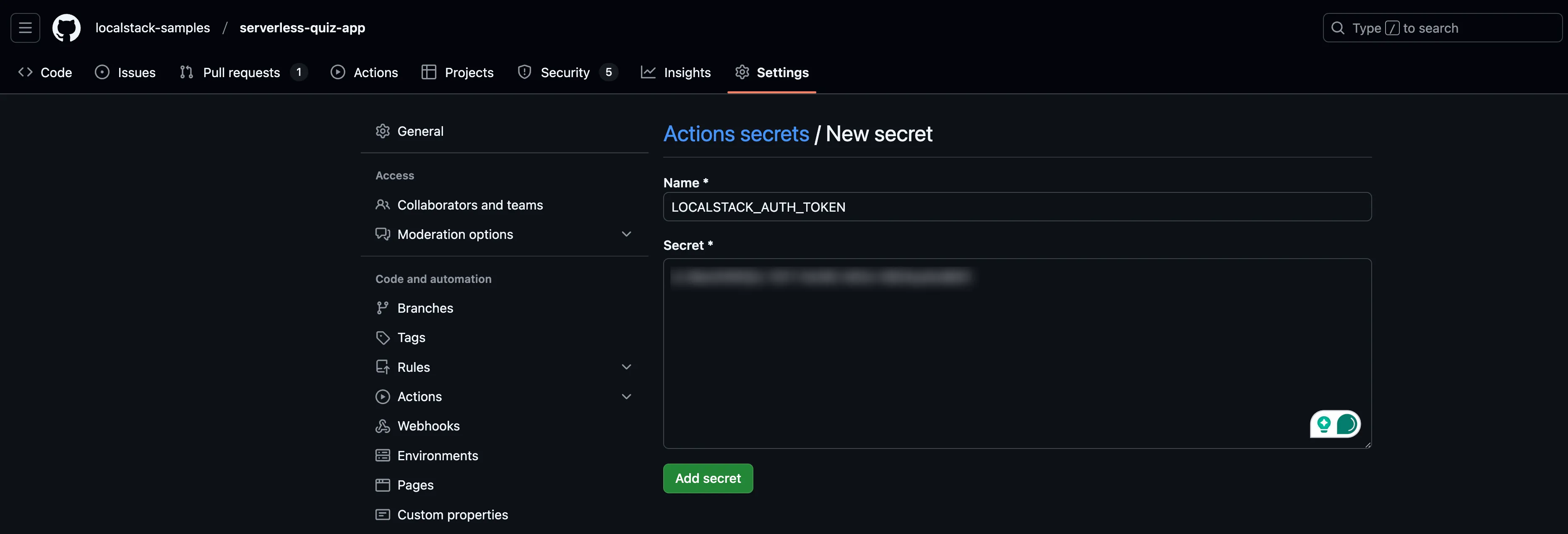 Add secret to GitHub repository