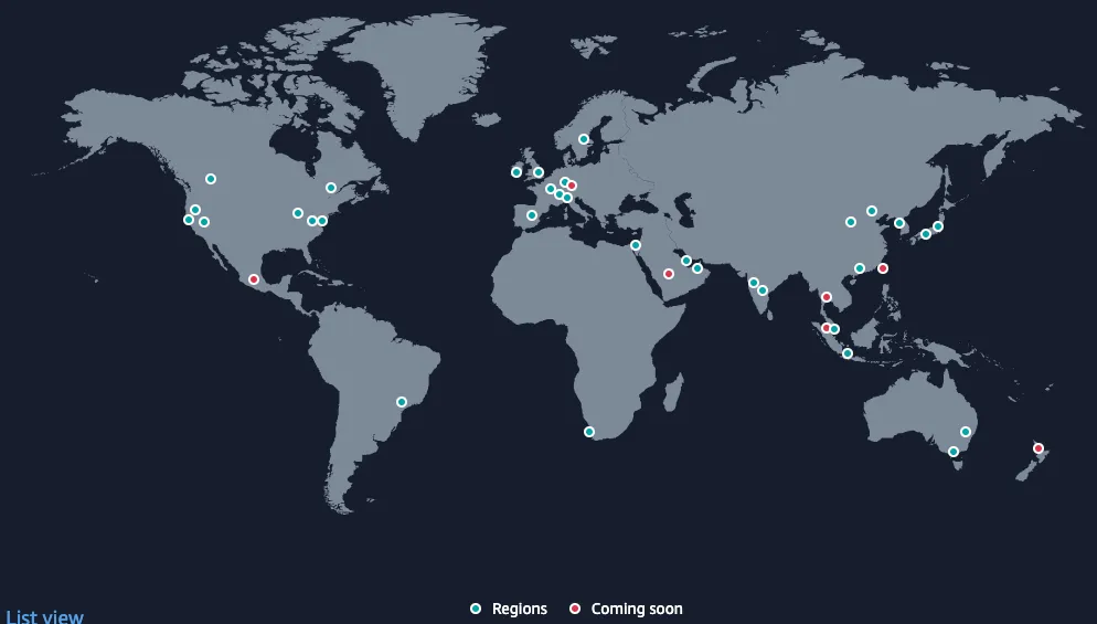 The AWS region map showing all regions and nodes