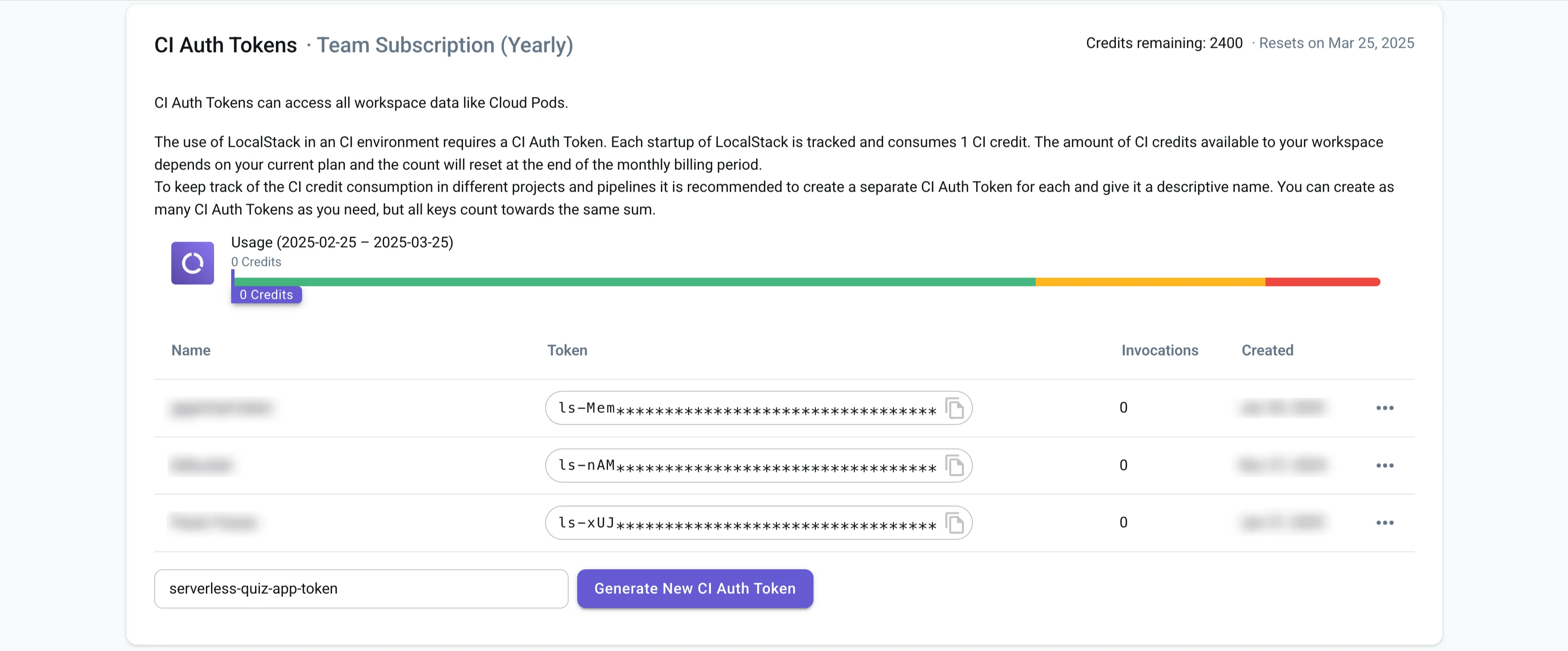 CI Auth Token page