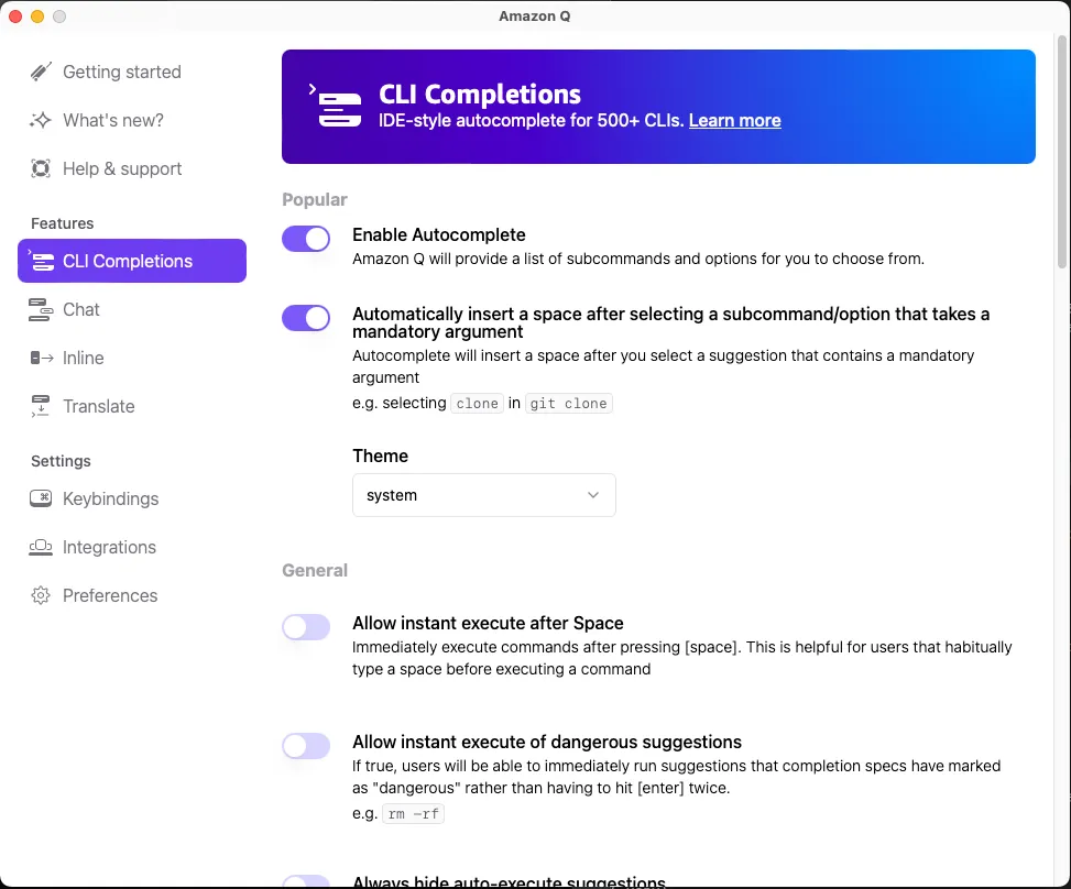 completion settings in the Amazon Q for the command line desktop app