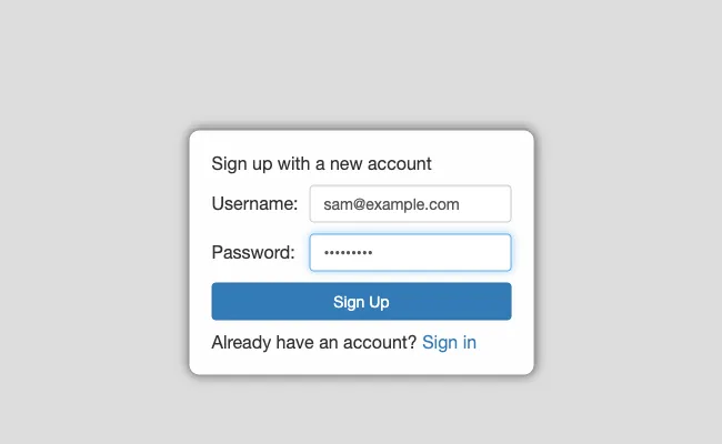 LocalStack’s Cognito login page with the sign-up form filled in for sam@example.com