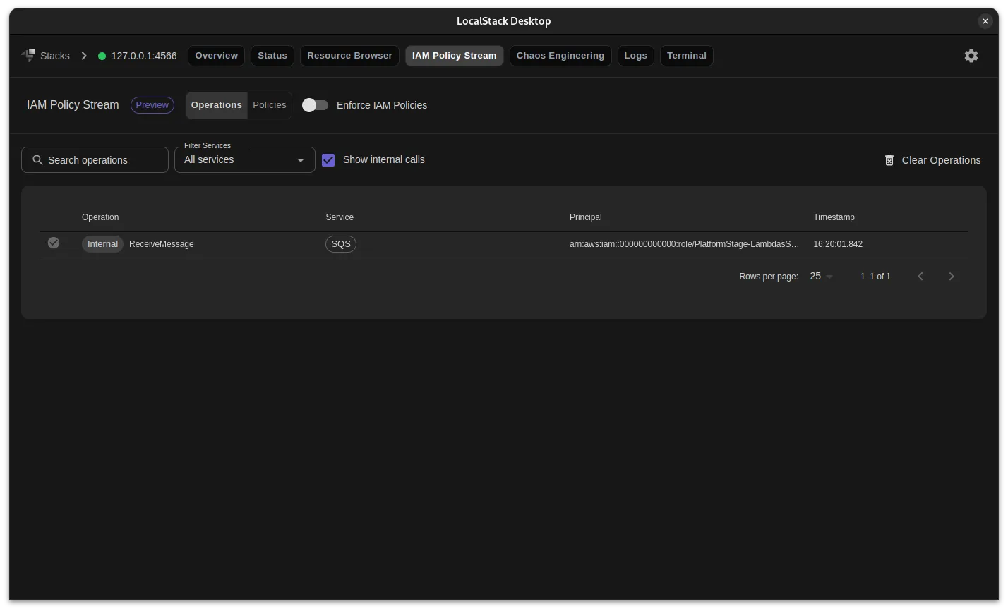Image of LocalStack Desktop Application showcasing the IAM Policy Stream page