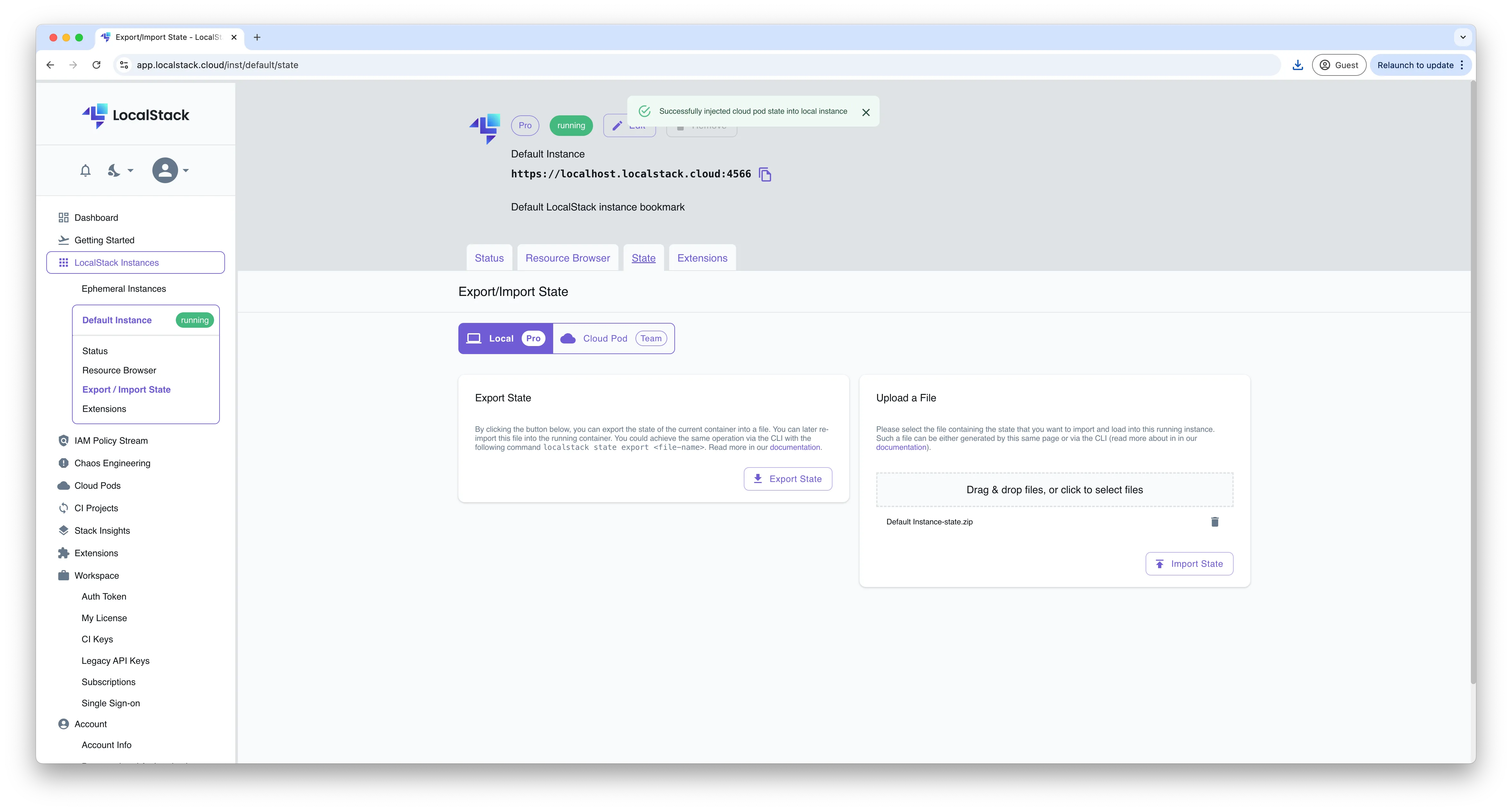 Importing state via Export &#x26; Import state dashboard