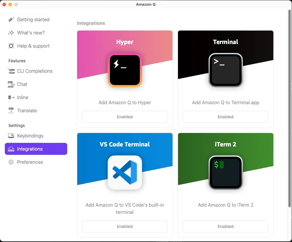 Amazon Q for the command line integrations page