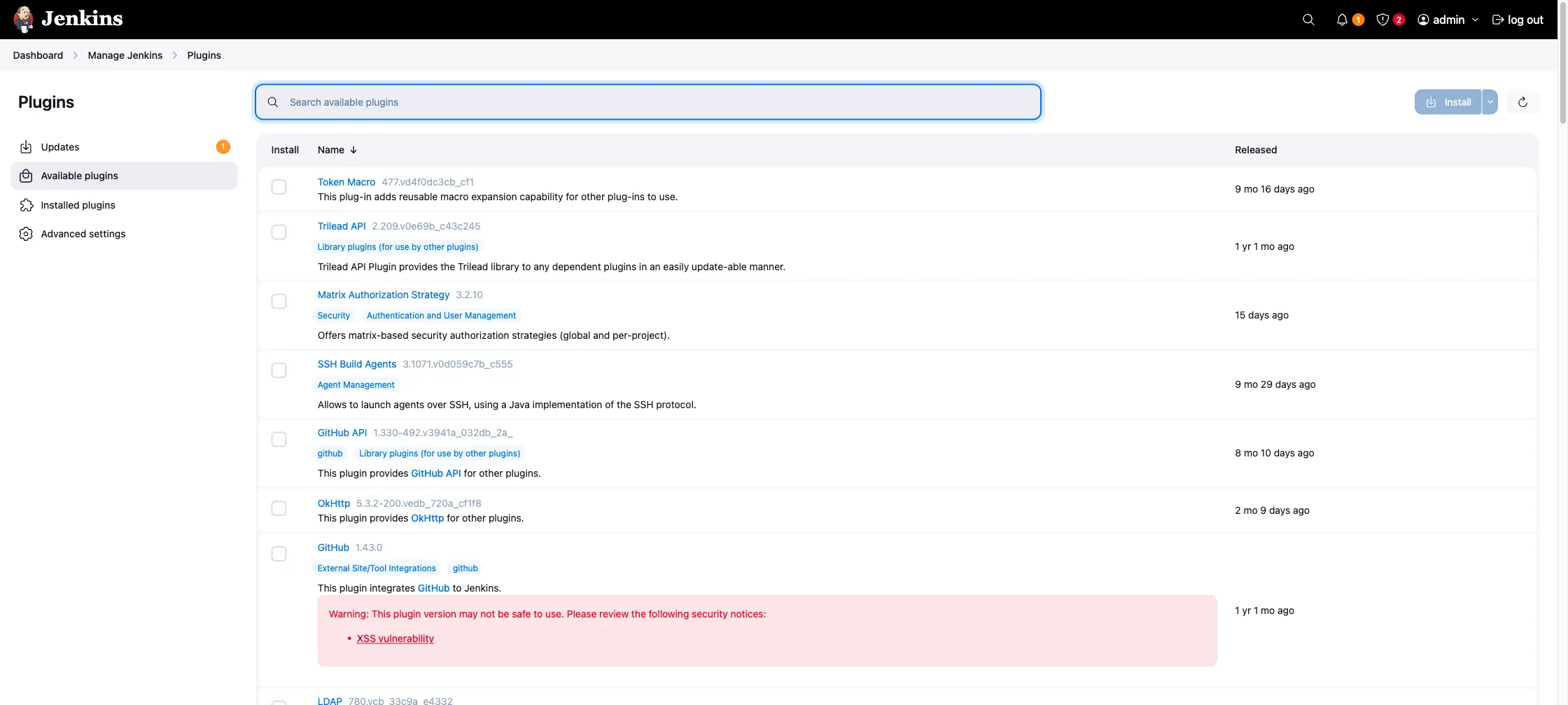Manage Jenkins Plugins page