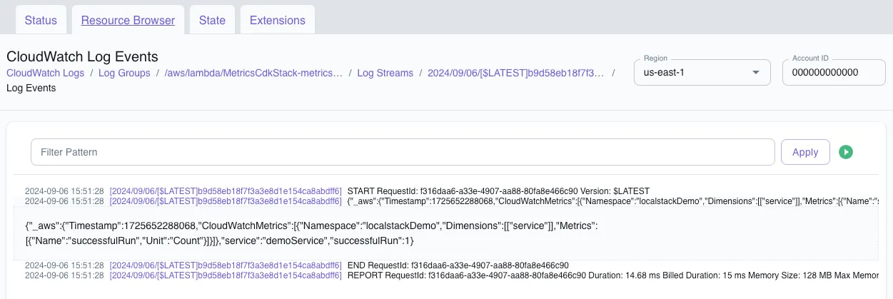 viewing the logs for the lambda to see metrics