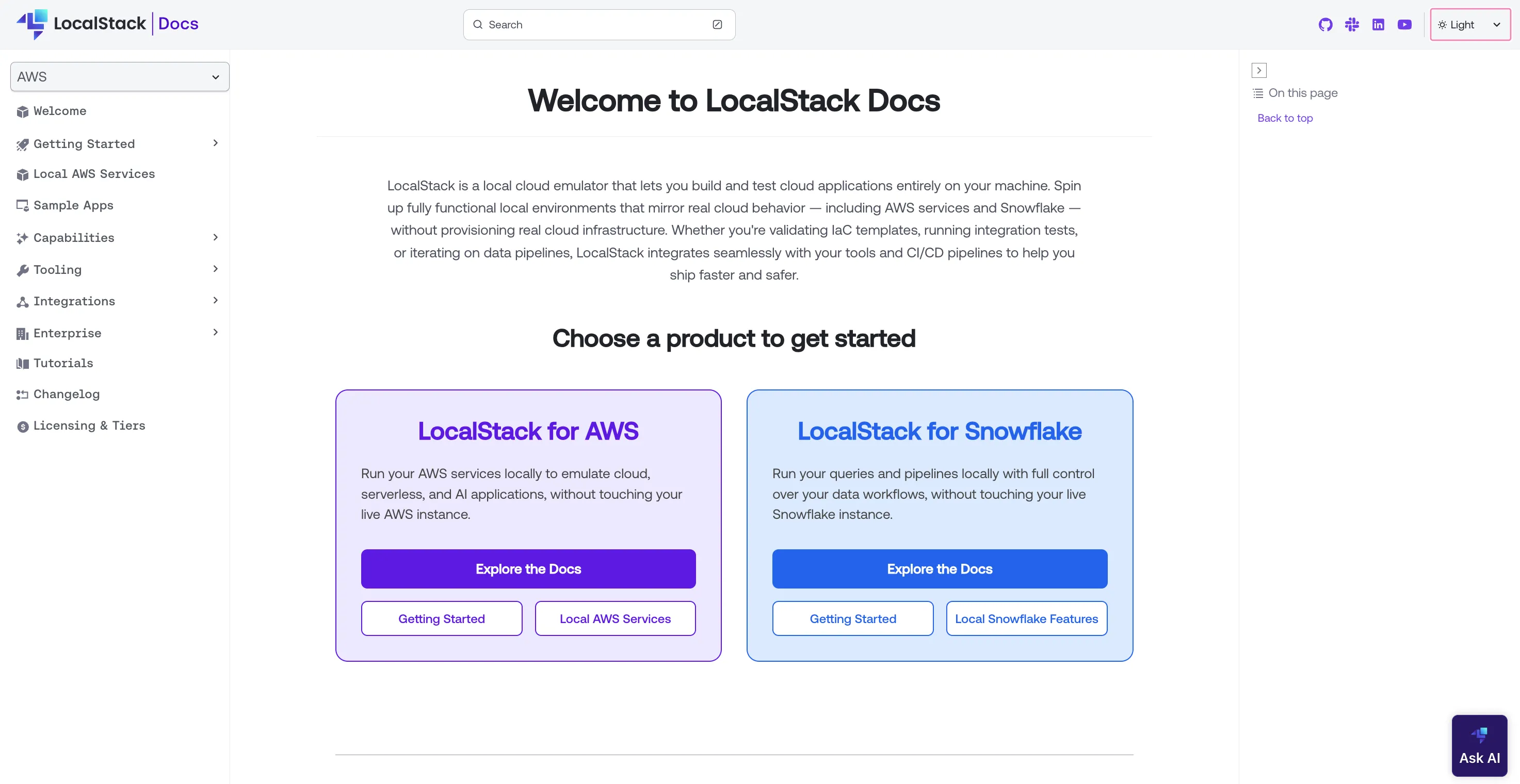 new light mode LocalStack docs homepage