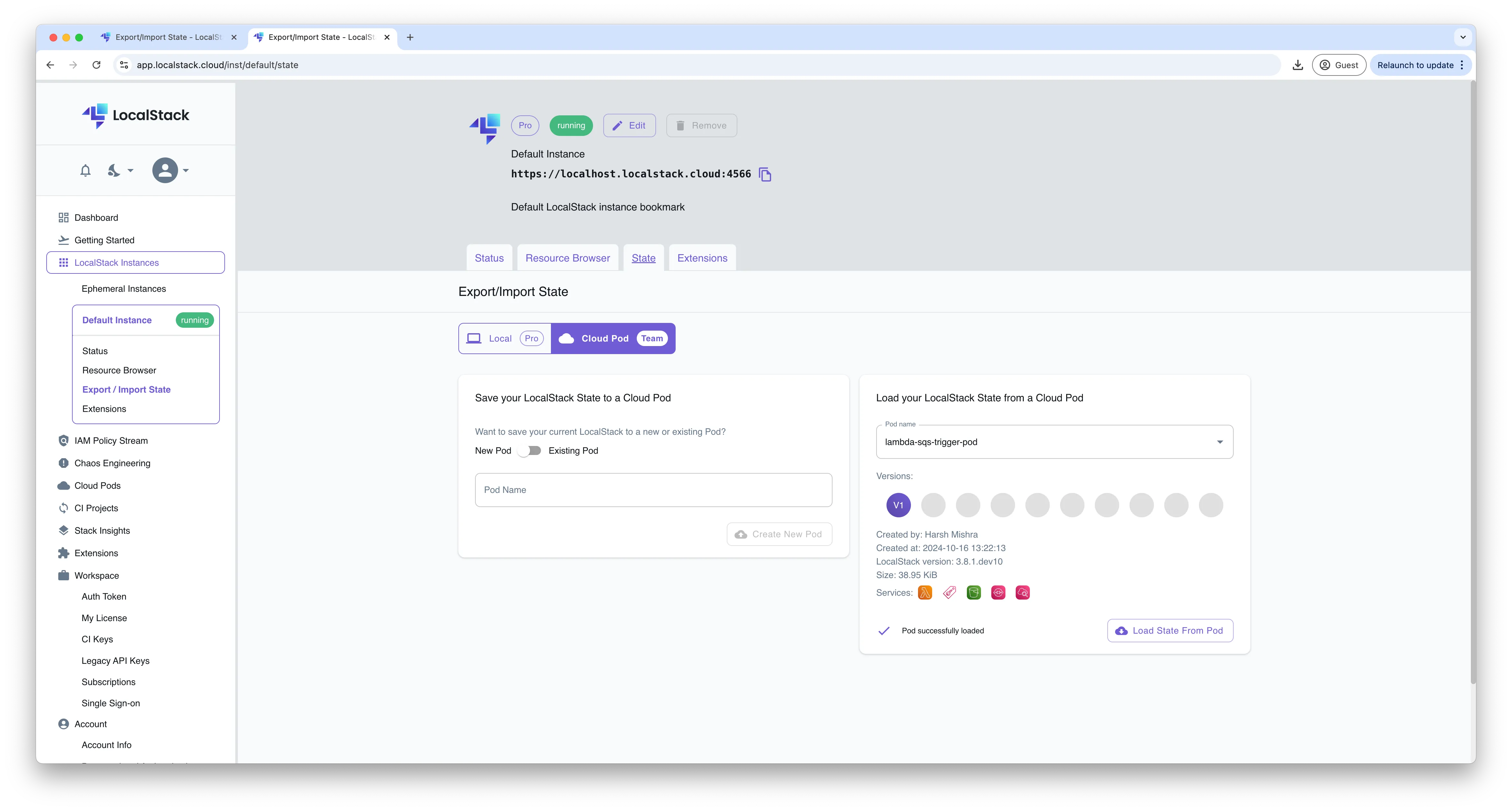 Loading pod via Cloud Pods dashboard