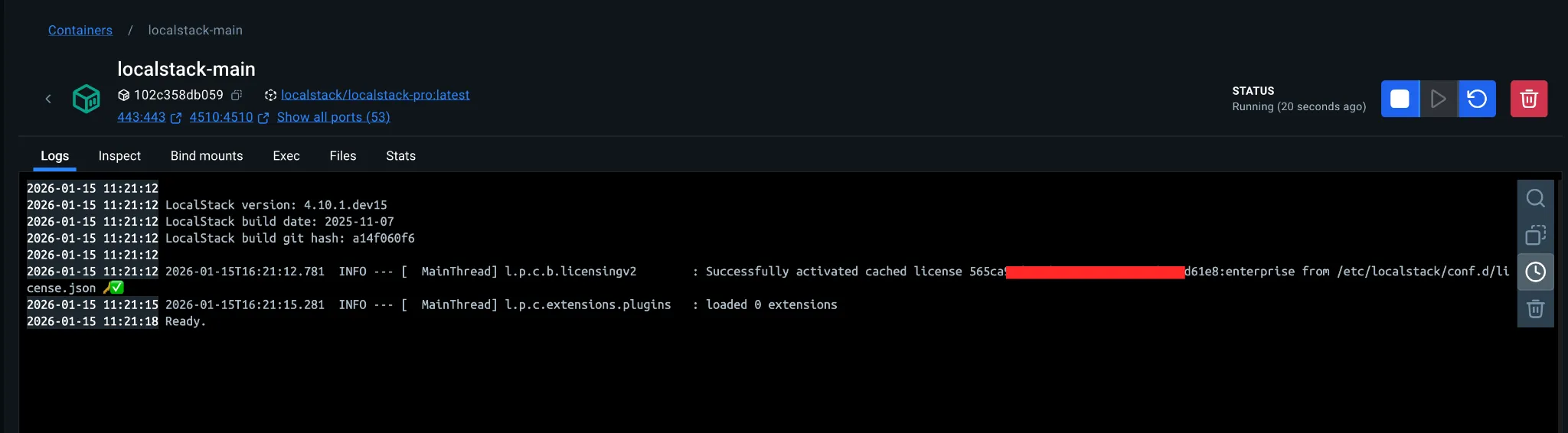 LocalStack logs showing successful authentication"