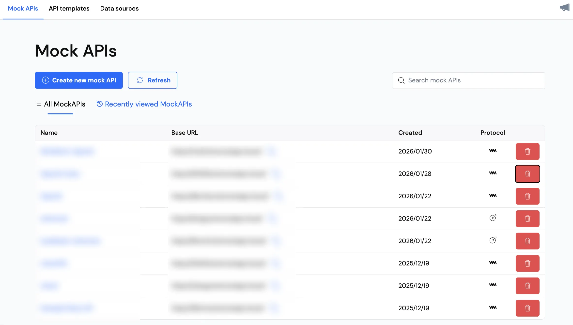 Mock APIs page with Create button