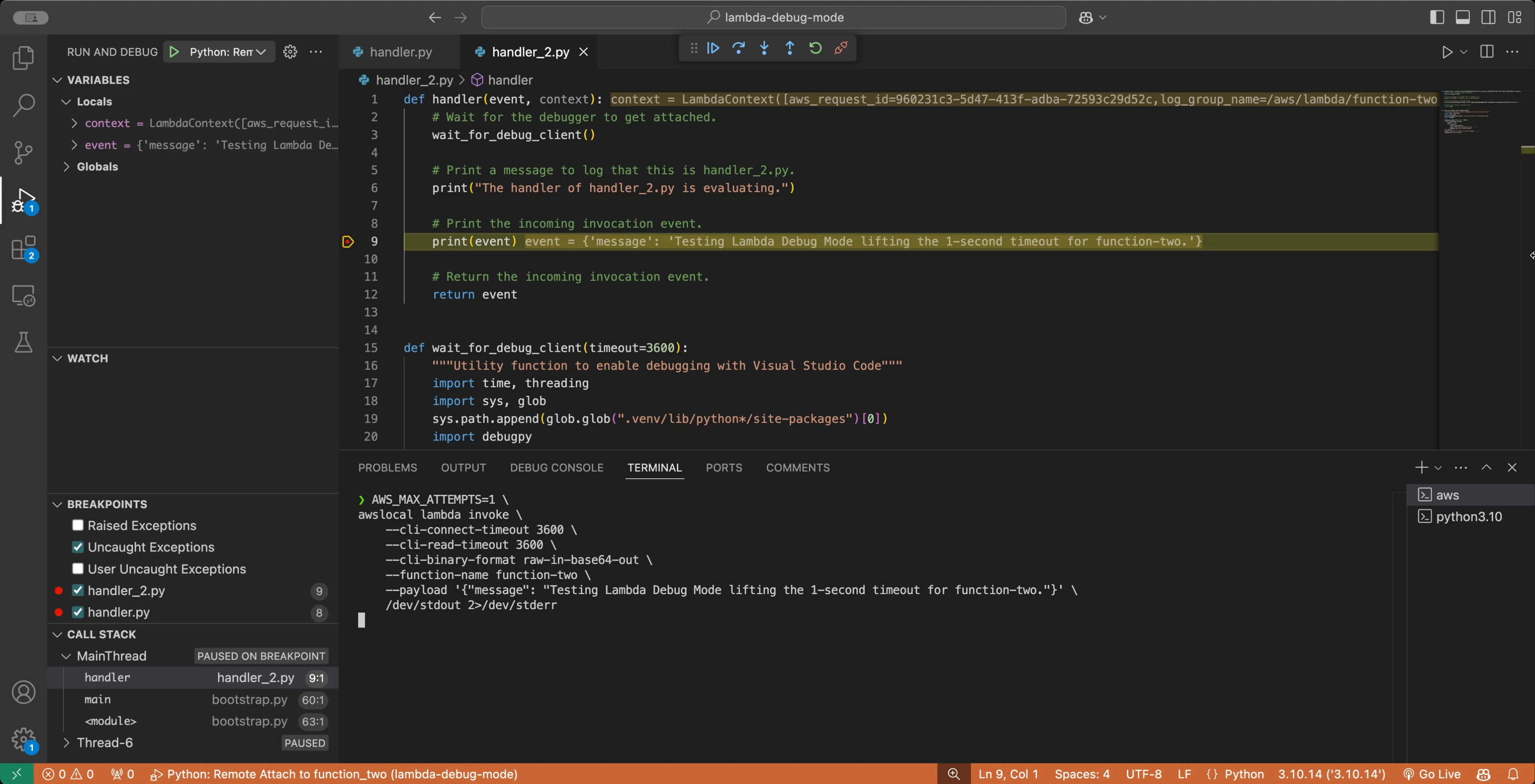 Remote debugger in action on VS Code with LocalStack Lambda Debug Mode for function_two