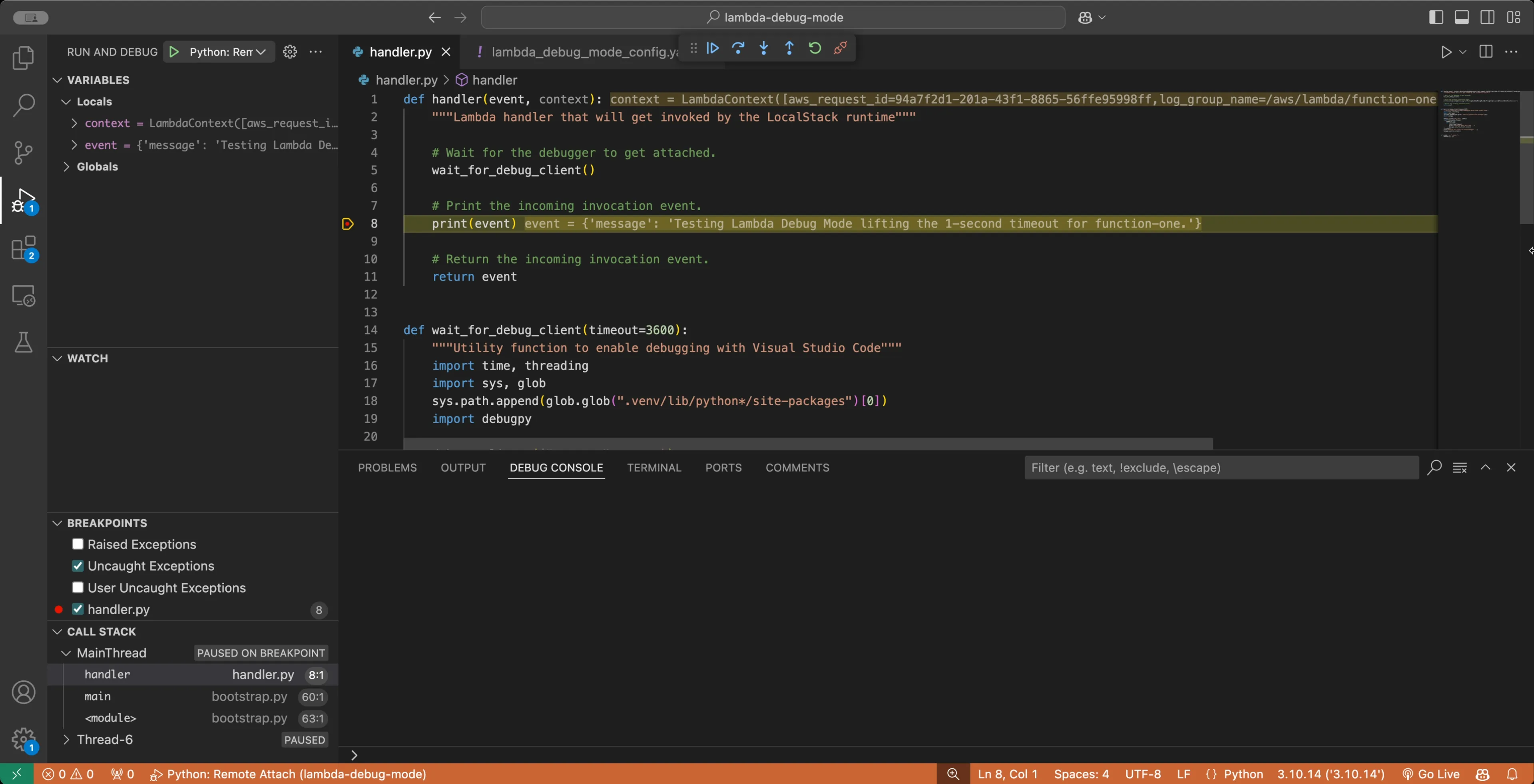 Remote debugger in action on VS Code with LocalStack Lambda Debug Mode
