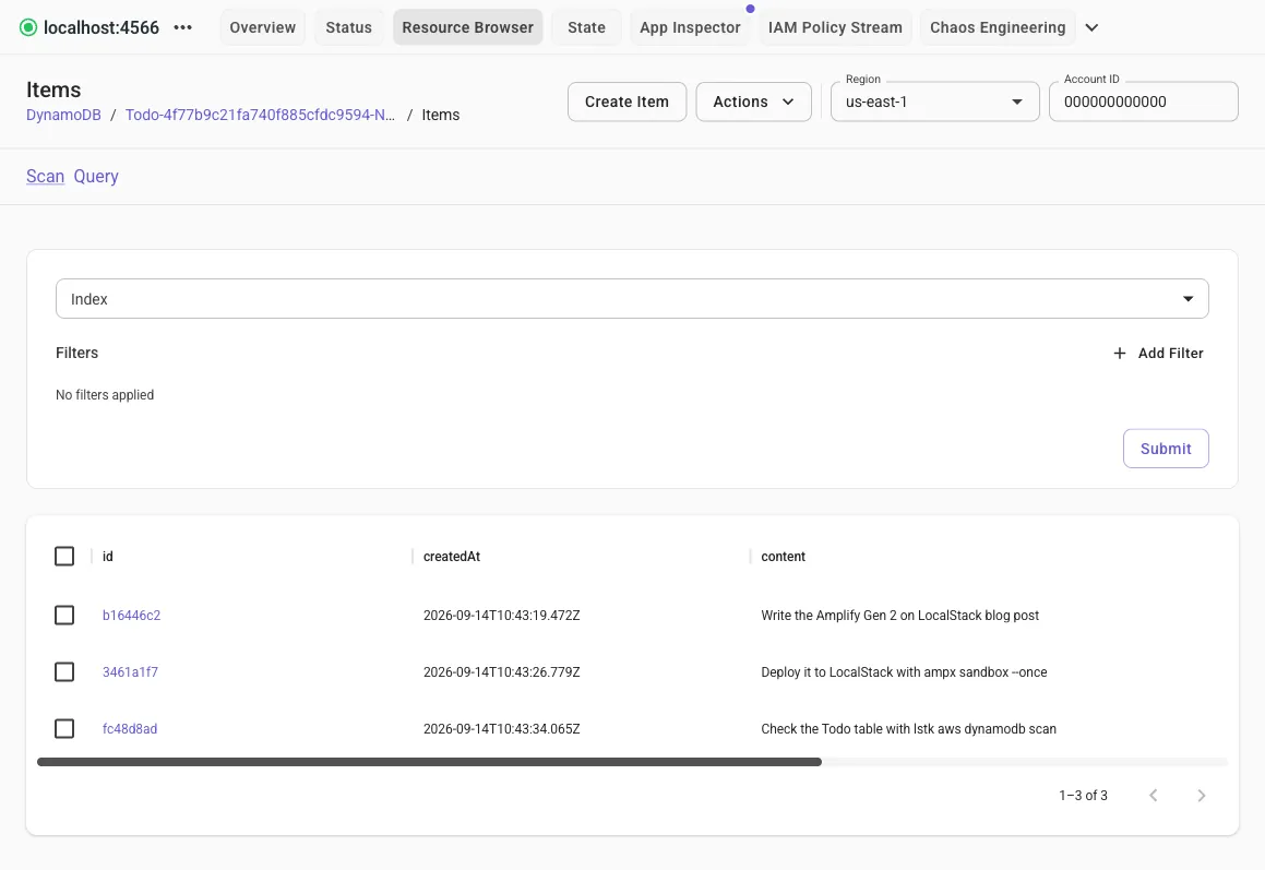 The DynamoDB resource browser in the LocalStack Web App showing the items in the Todo table