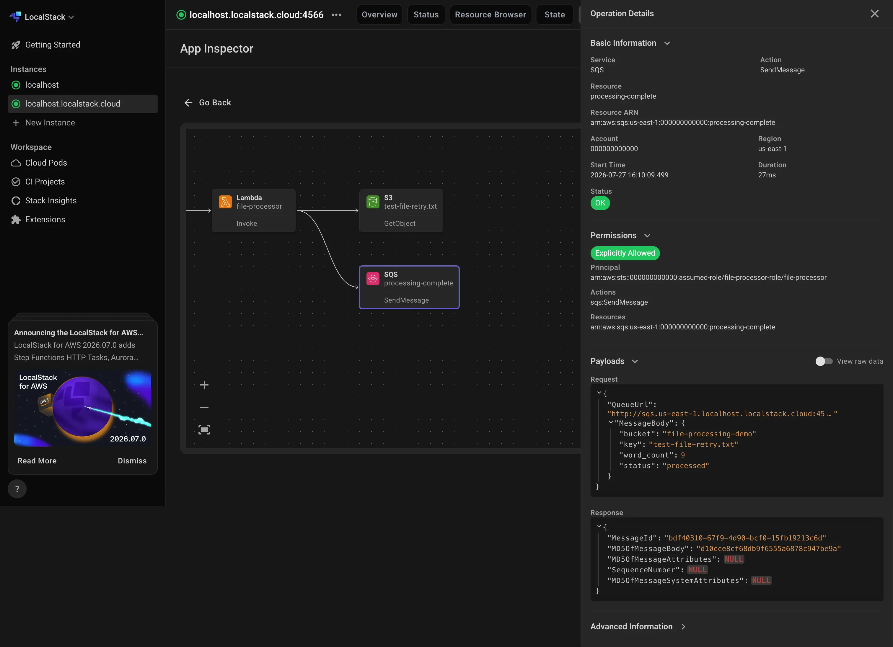 App Inspector dependency graph showing the completed S3 to Lambda to SQS flow with no errors
