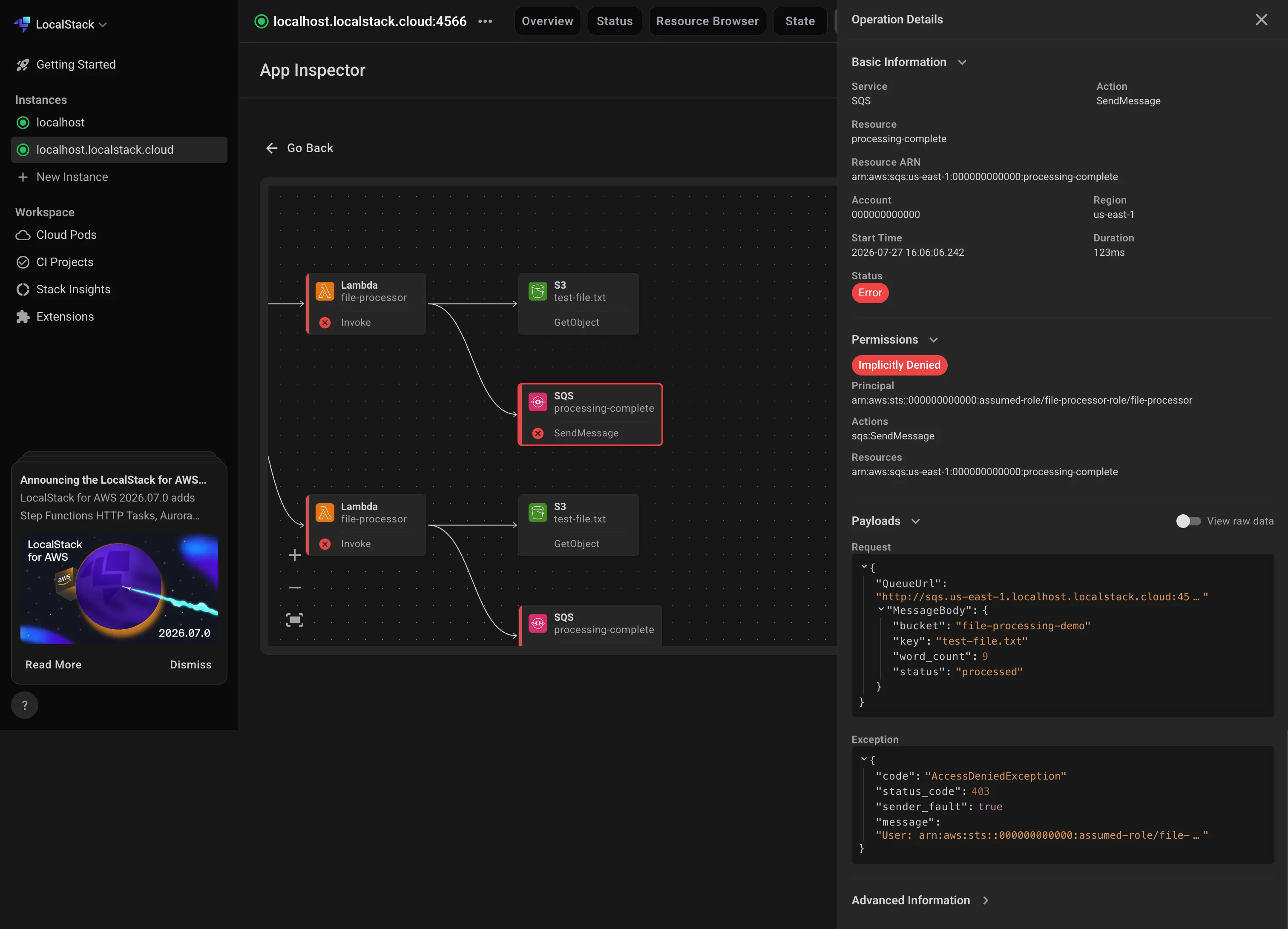 App Inspector operation stream showing an AccessDenied IAM error on the SQS SendMessage call