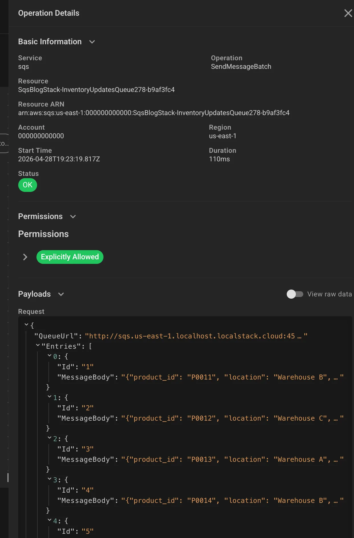 SQS SendMessageBatch operation detail showing 10 inventory messages in the request payload