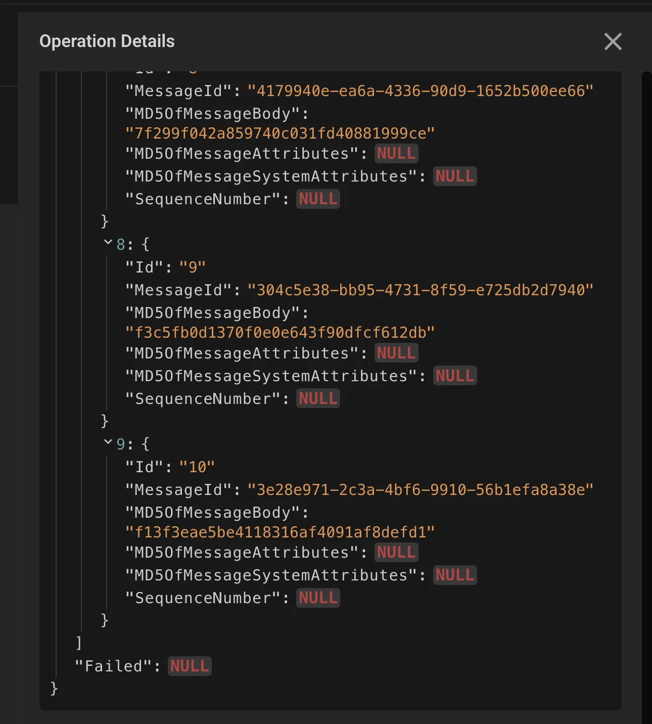 SQS SendMessageBatch response showing 10 successful MessageIds and Failed: NULL