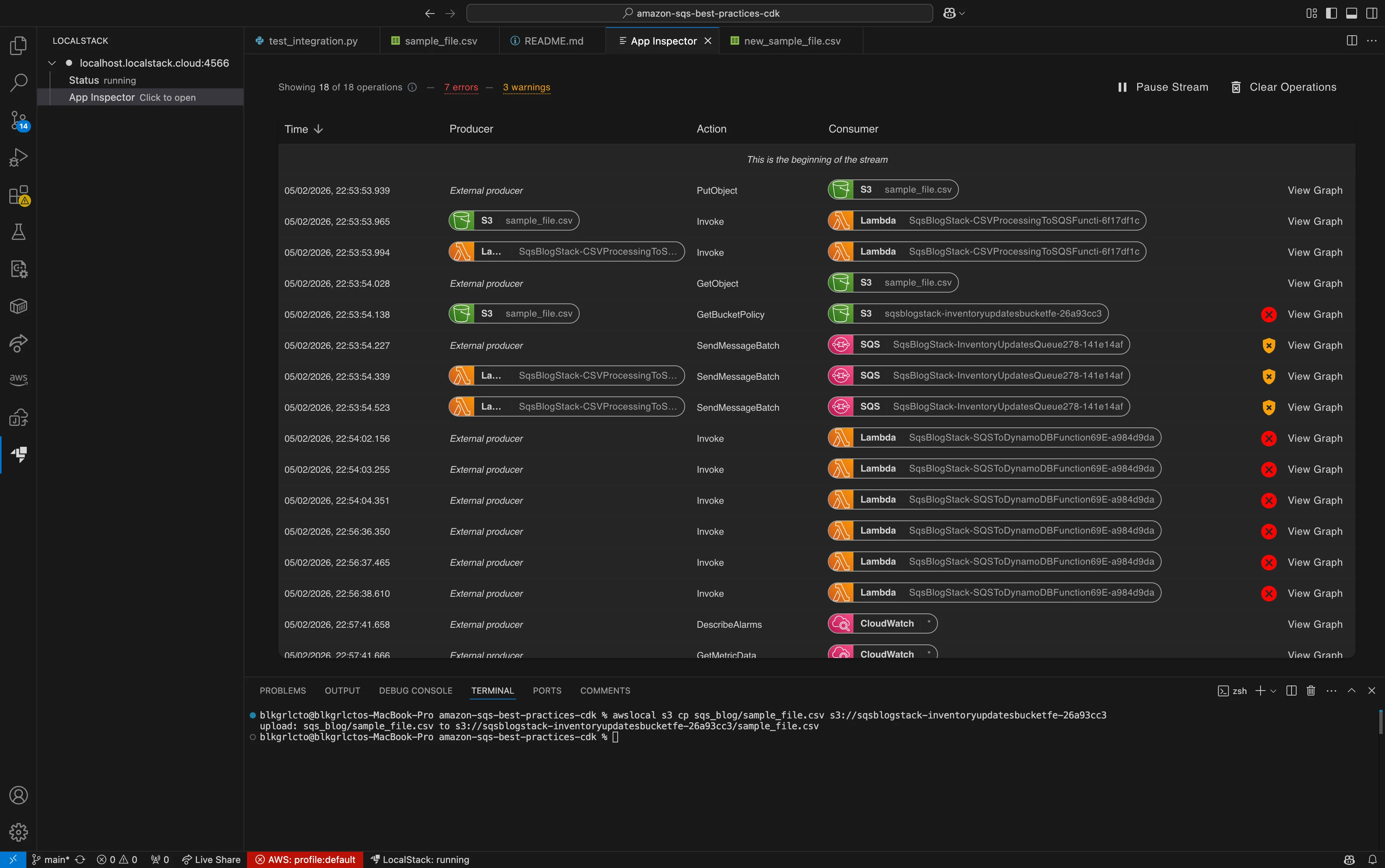 App Inspector operation stream showing a full S3 to DynamoDB pipeline