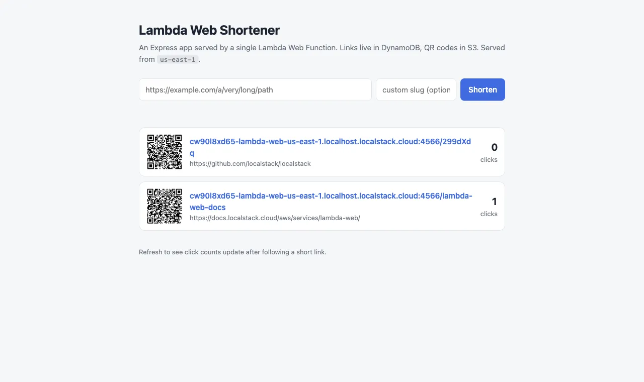 The shortener’s page served by the web function on LocalStack