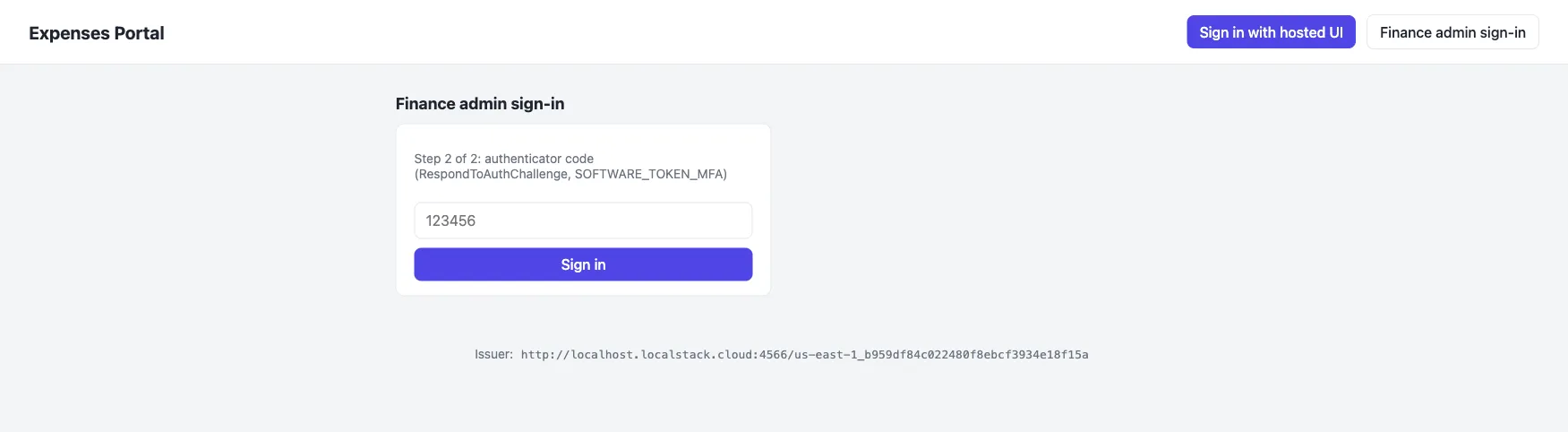 Step 2 of the finance admin sign-in asking for the authenticator code