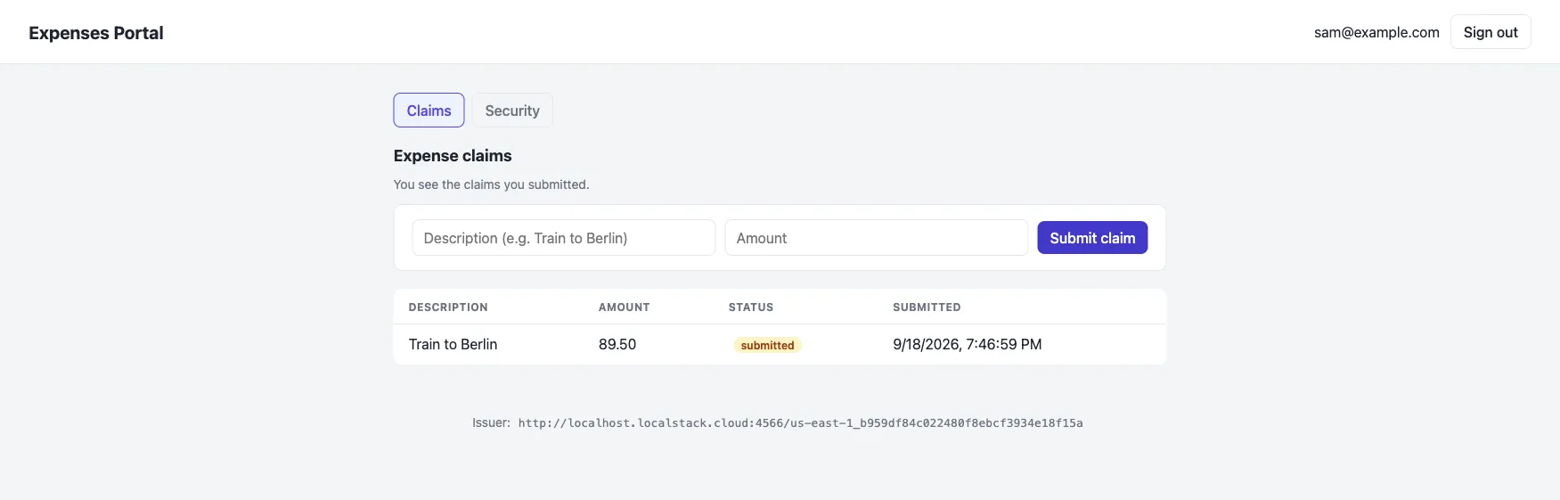 The expenses portal after the hosted UI login, showing sam@example.com and one submitted claim