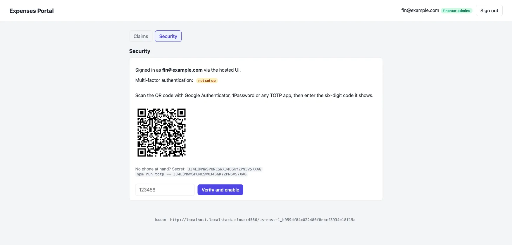 The Security page with the QR code, the base32 secret and the code input for TOTP enrolment