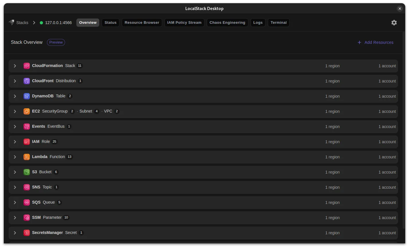 Image of LocalStack Desktop Application showcasing the Stack Overview page