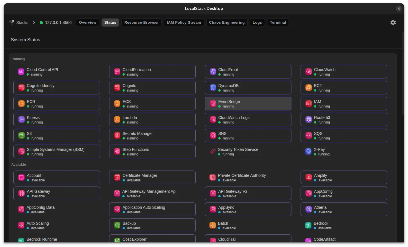 Image of LocalStack Desktop Application showcasing the status page