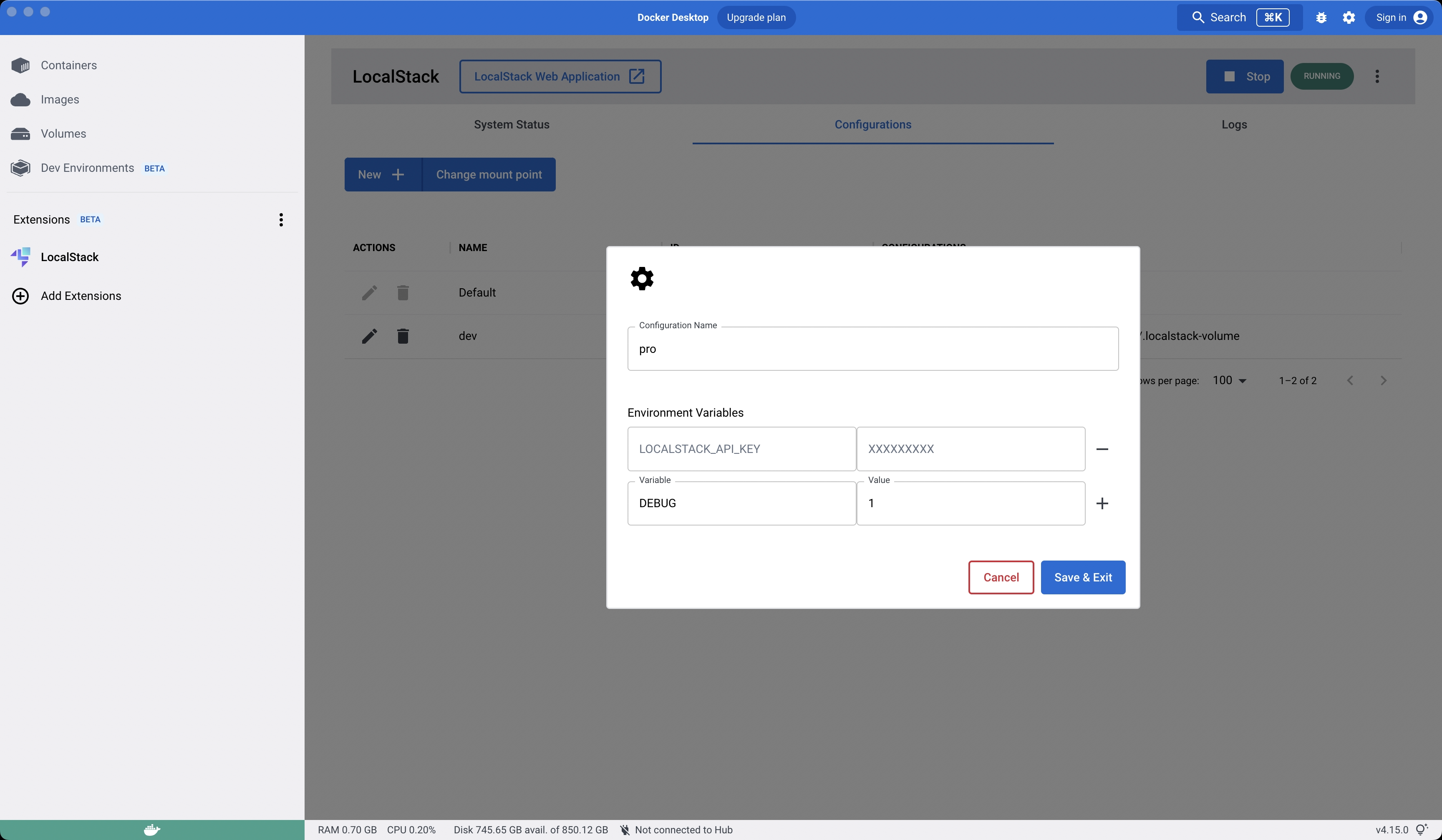 Image of LocalStack Docker Extension displaying configuration profile