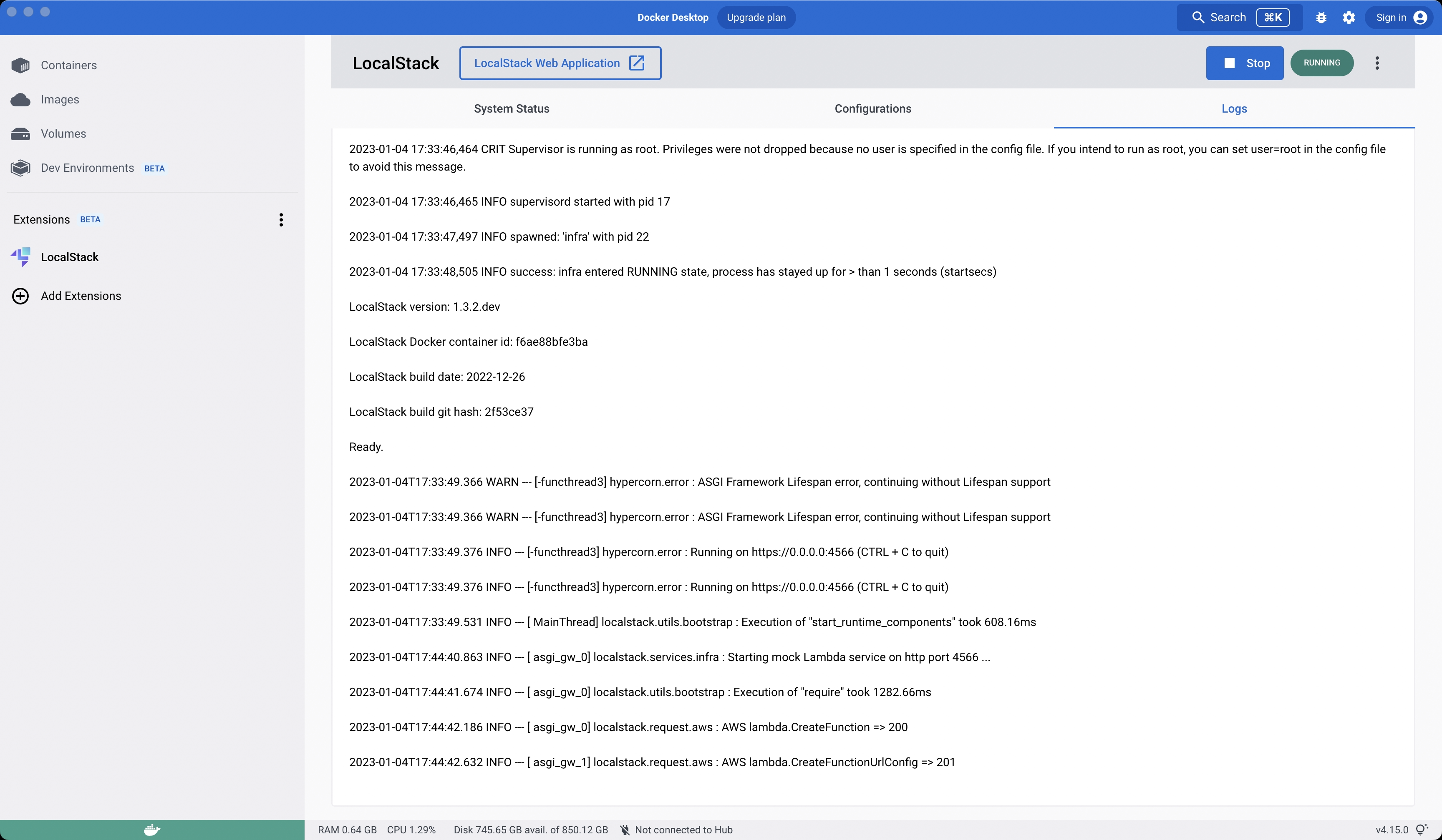 Image of LocalStack Docker Extension displaying log information