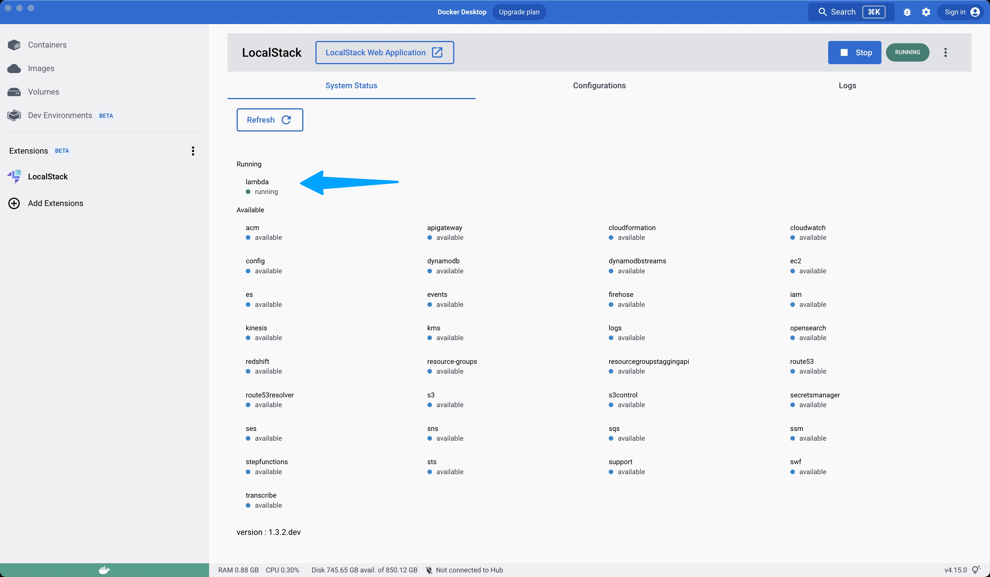 Image of LocalStack Docker Extension displaying the services currently running