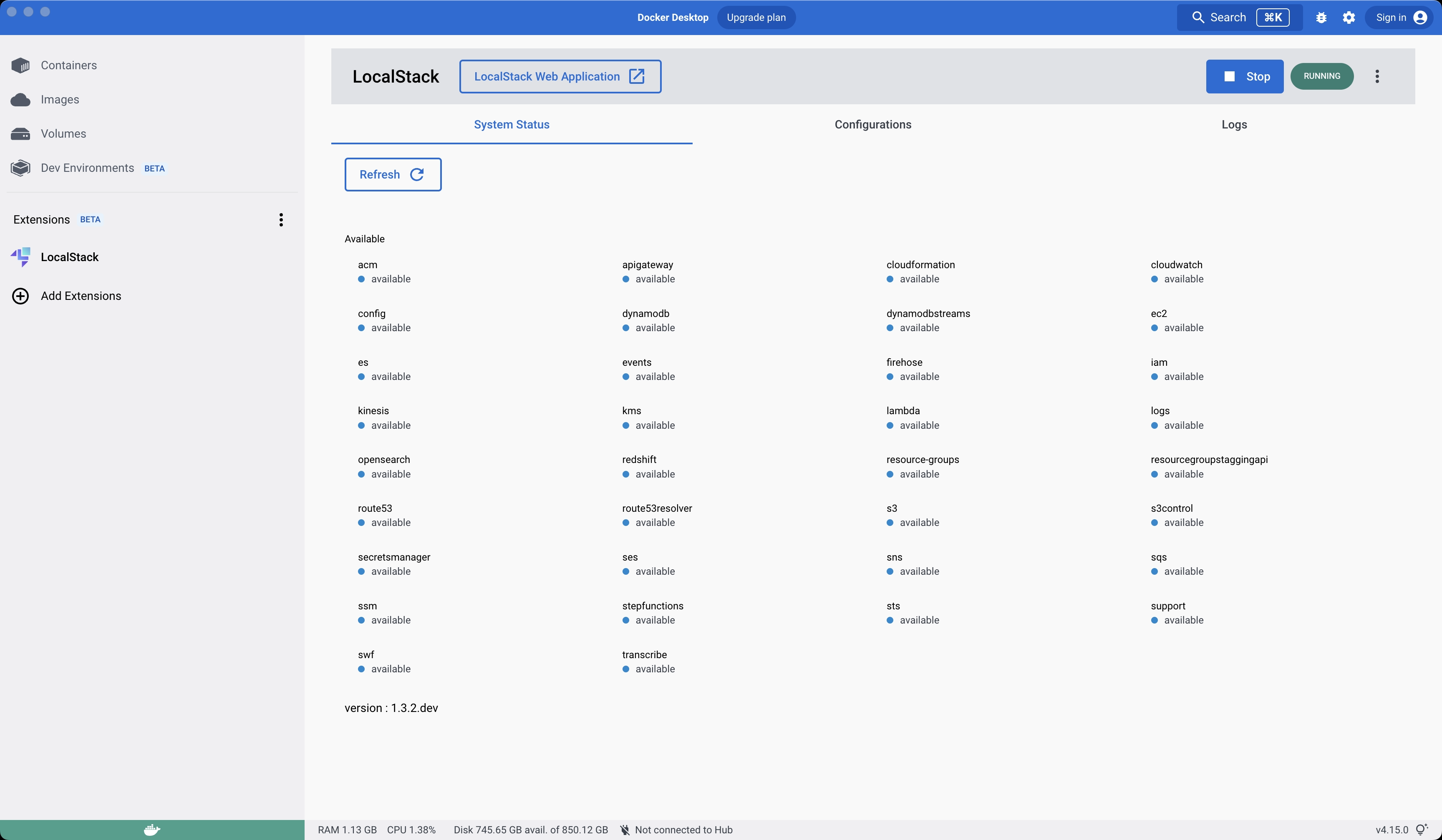 Screenshot of LocalStack's Docker Extension showing the availability of various AWS services through the Docker image