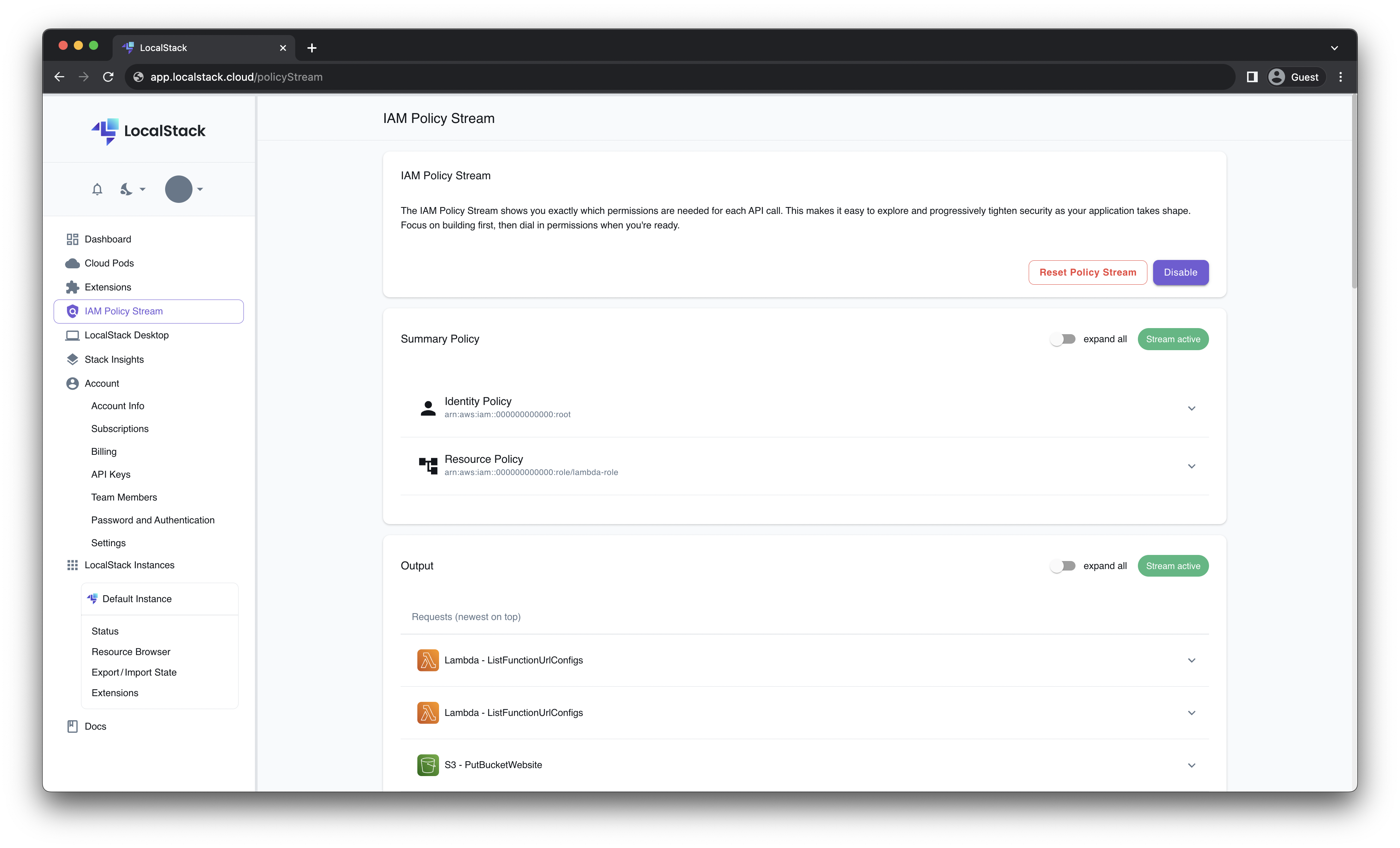 Image of LocalStack IAM Policy Stream dashboard