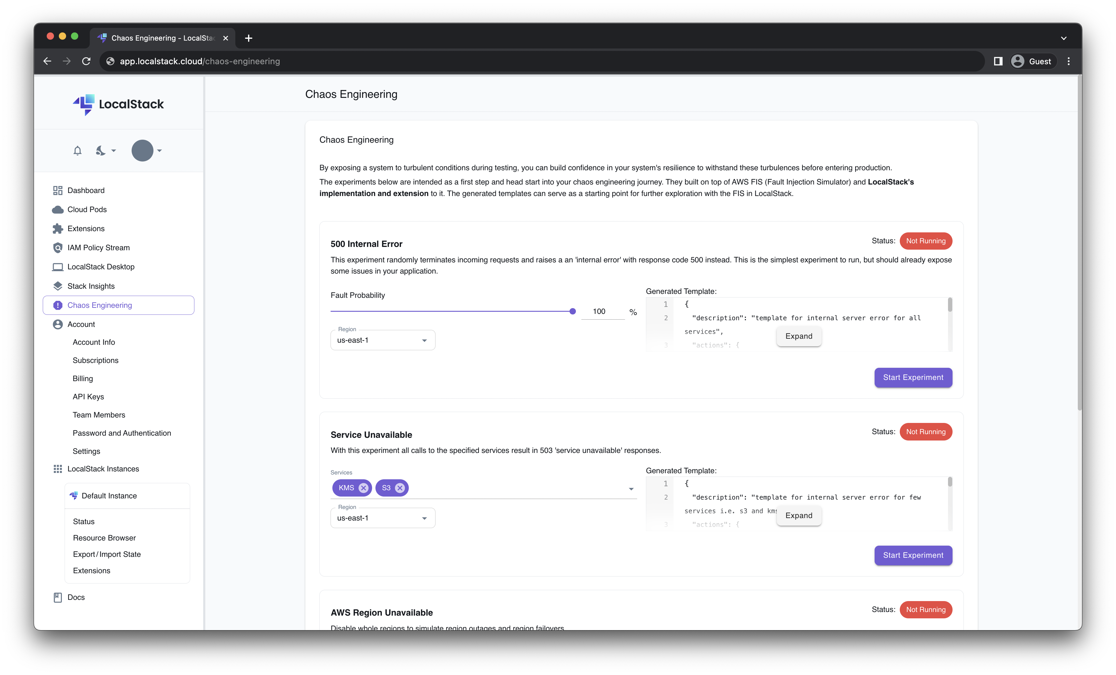 Image of LocalStack Chaos Engineering dashboard