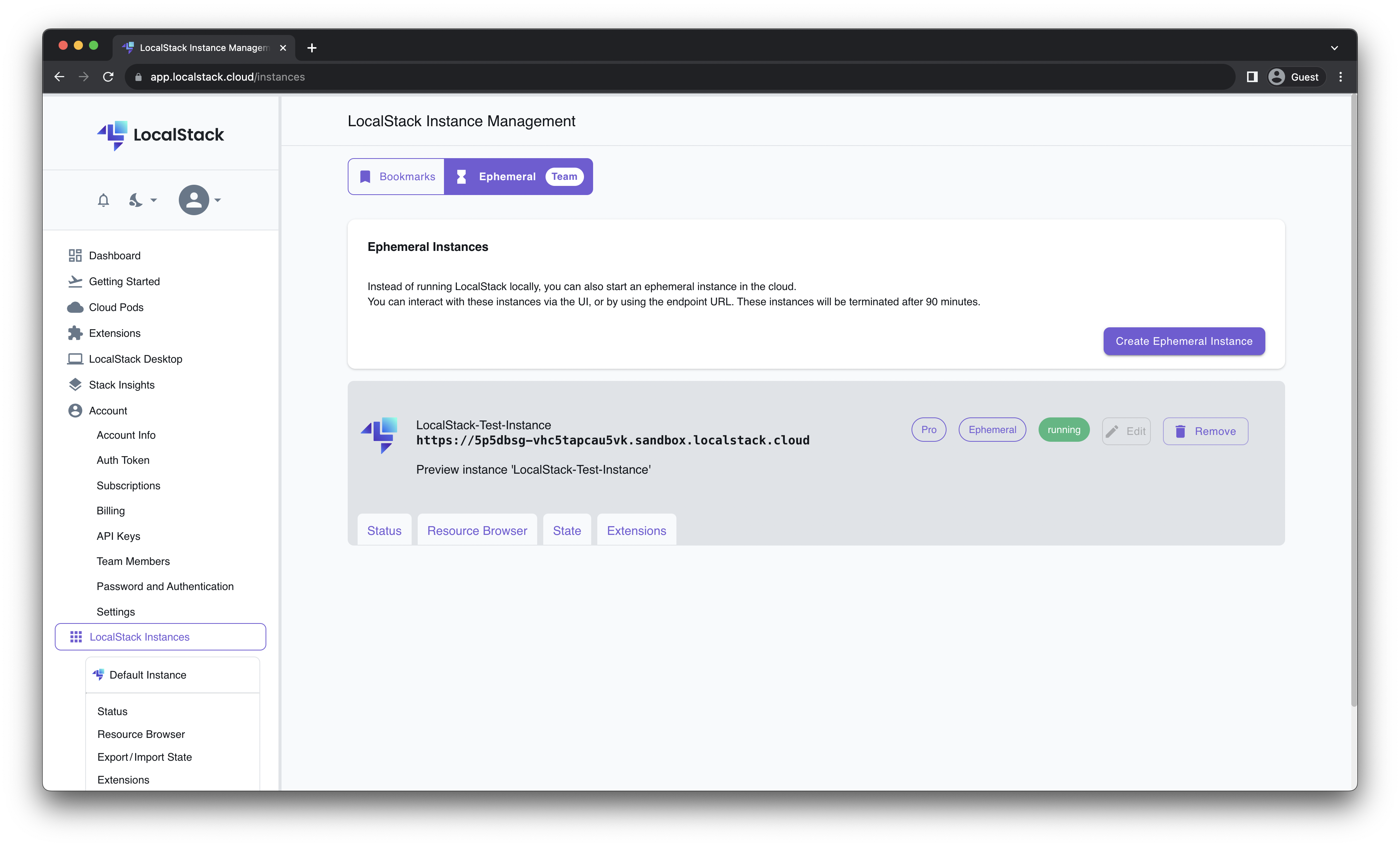 Image of LocalStack Ephemeral environments with a LocalStack Sandbox running in the cloud