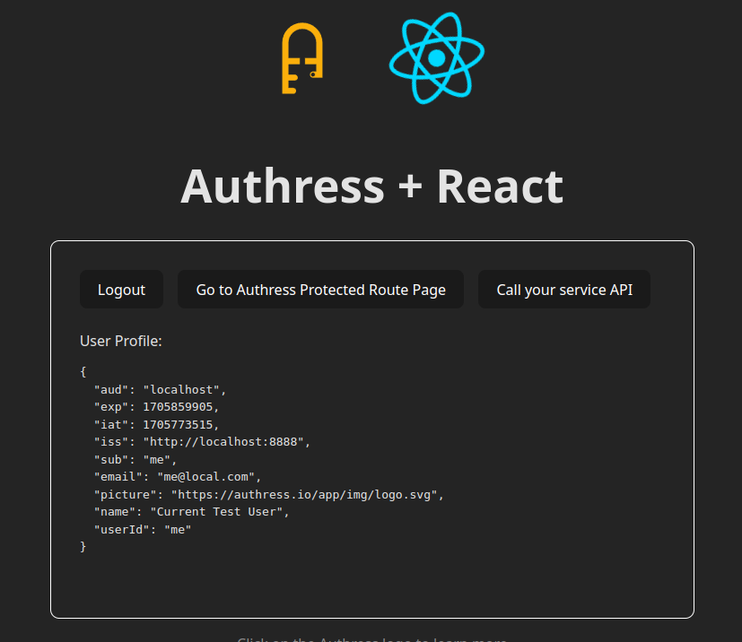 A screenshot of the Authress React Starter Kit showing that you are now logged in