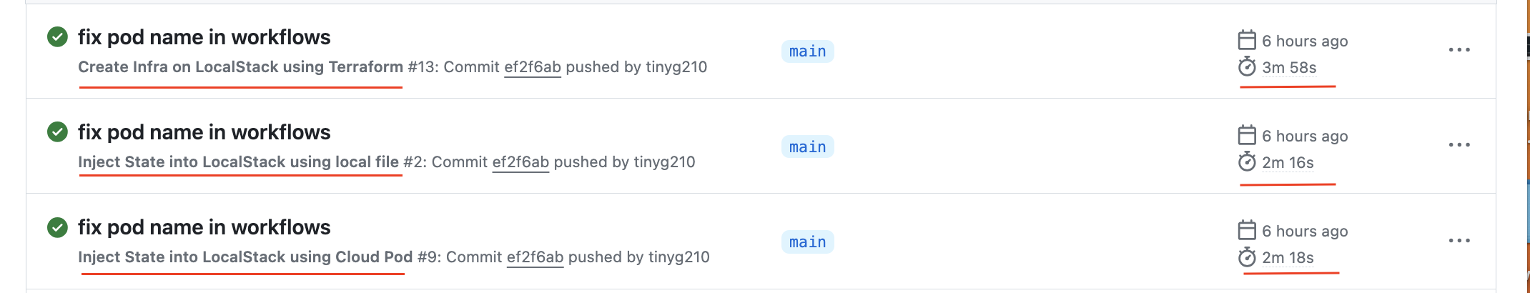 Three GitHub action workflows using Cloud Pods.