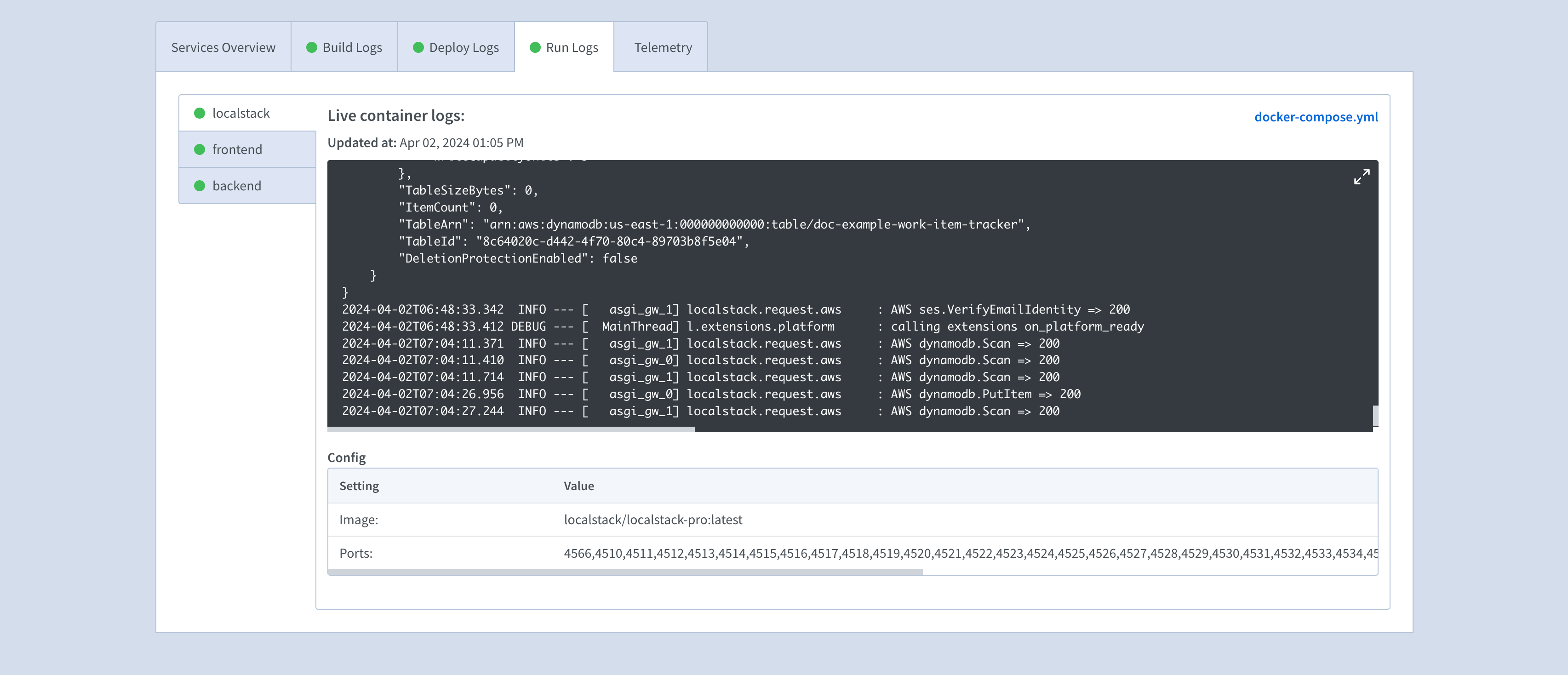 LocalStack Container logs on Shipyard