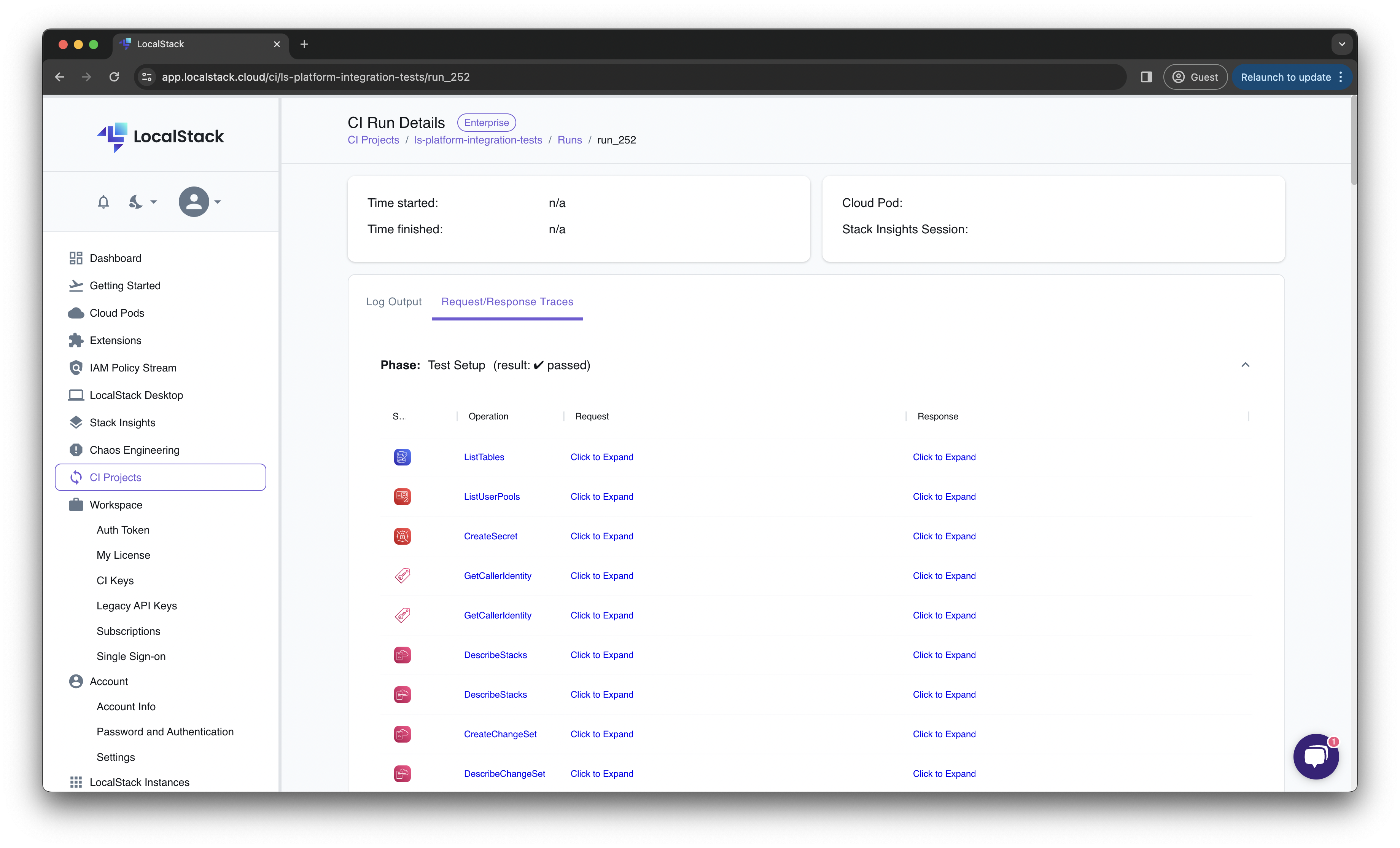 CI Analytics Page showing the request/response traces