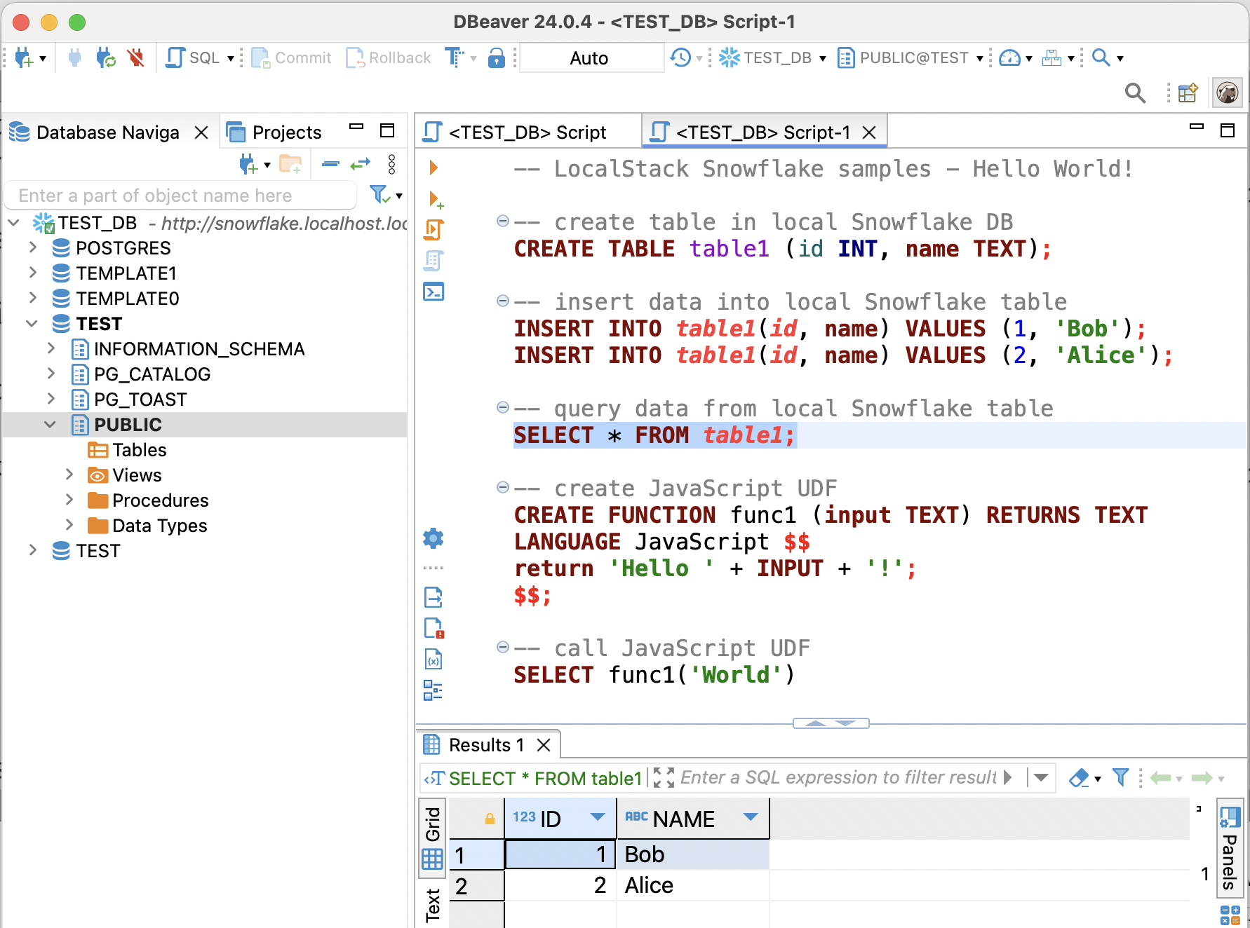 Running Snowflake SQL queries on DBeaver connected to the Snowflake emulator