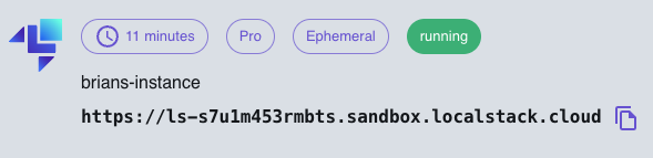 The ephemeral instance resource URL shown in the left hand navigation on LocalStack's web app