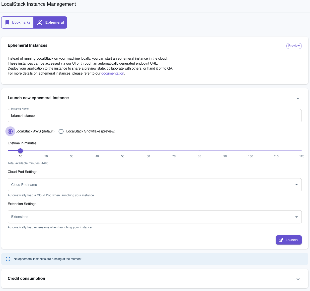 setting up an ephemeral instance manually via the LocalStack web app