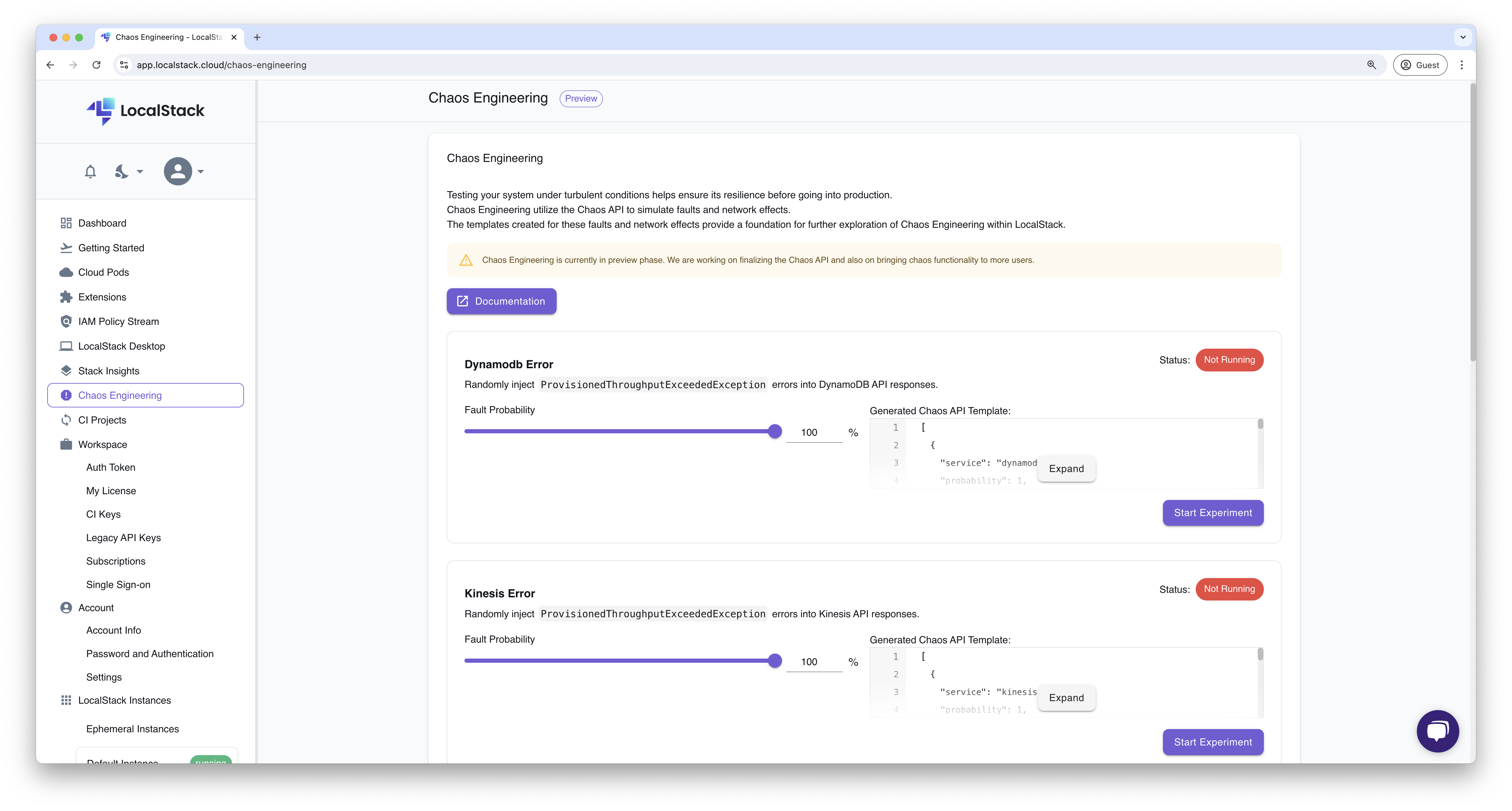 Chaos Engineering dashboard using the Chaos API