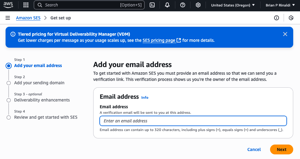 Adding your email address to SES in the AWS Console